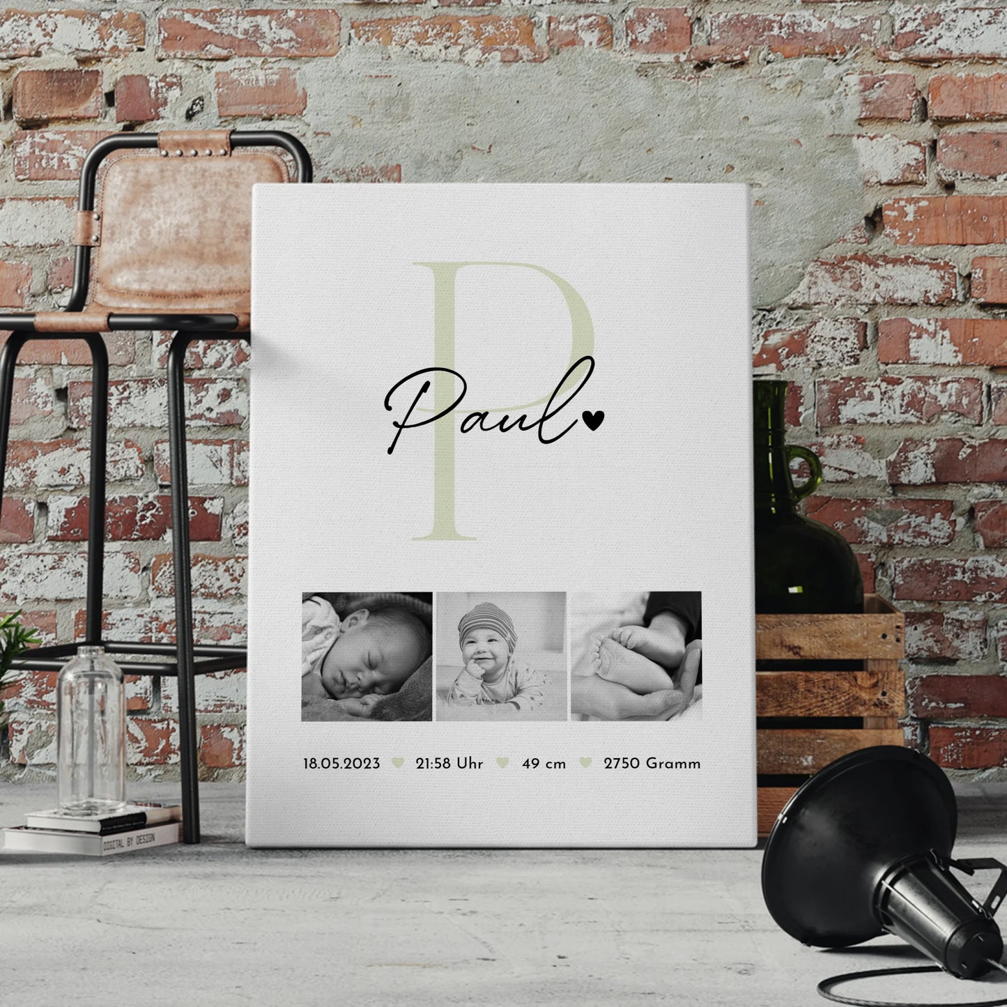 Personalisierte Leinwand zur Geburt Baby Fotocollage mit Geburtsdaten Black and White Design 4