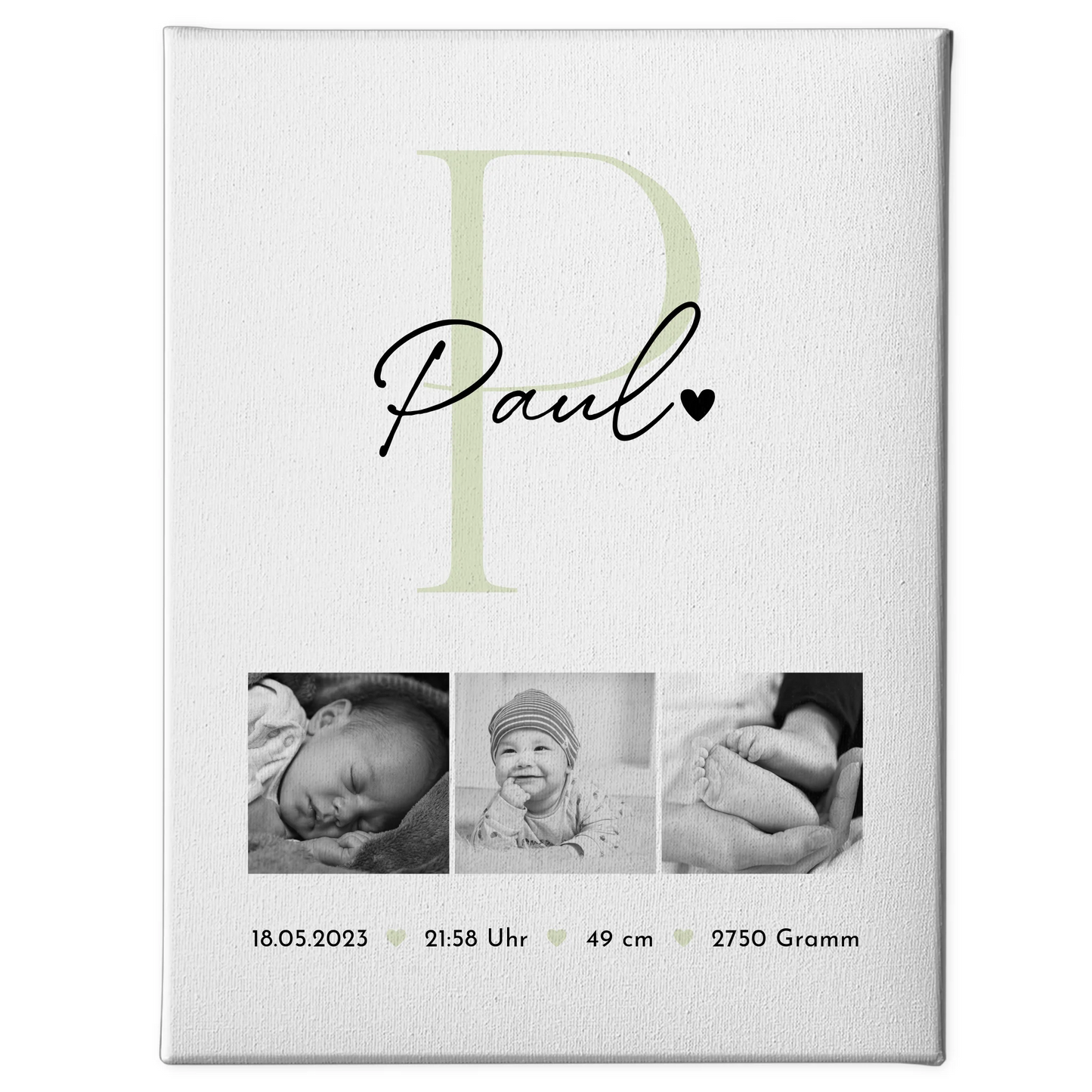 Personalisierte Leinwand zur Geburt Baby Fotocollage mit Geburtsdaten Black and White Design 1