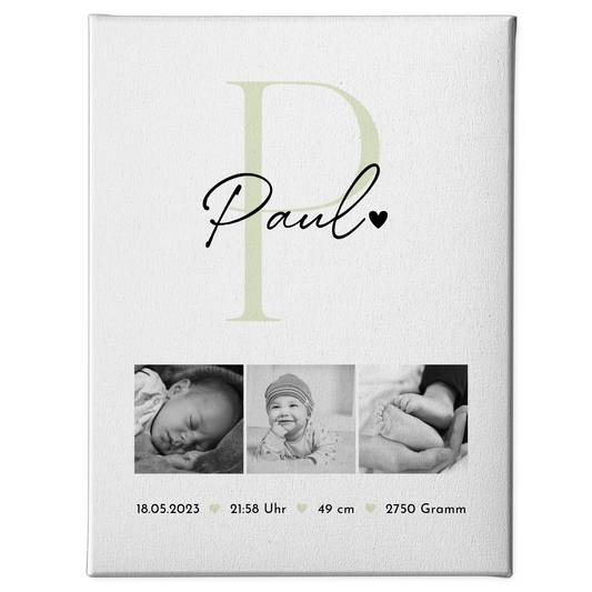 Personalisierte Leinwand zur Geburt Baby Fotocollage mit Geburtsdaten Black and White Design 1