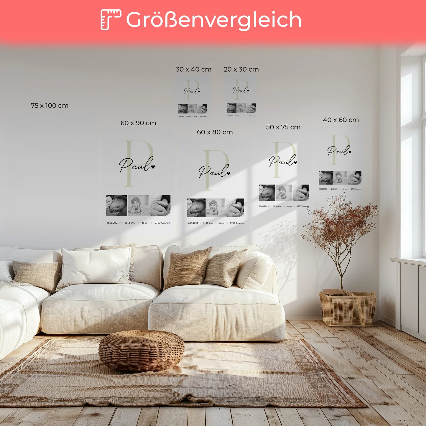 Personalisierte Leinwand zur Geburt Baby Fotocollage mit Geburtsdaten Black and White Design 6