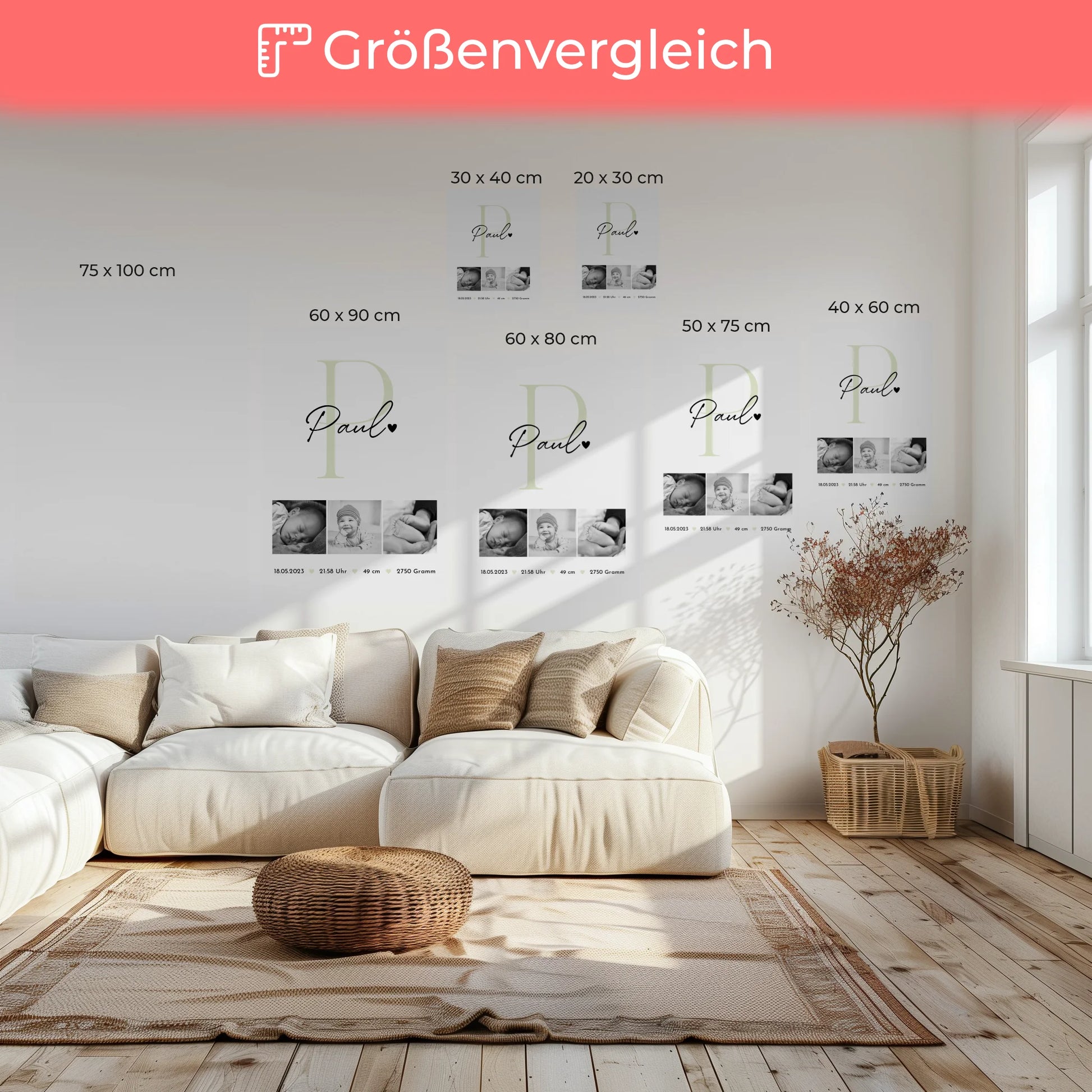 Personalisierte Leinwand zur Geburt Baby Fotocollage mit Geburtsdaten Black and White Design 6
