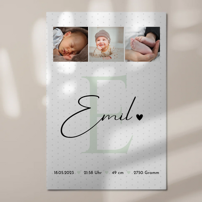 Fotoboard Poster Magnetisch zur Geburt Baby mit 8 Fotos Geburtsdaten Sternchen Muster