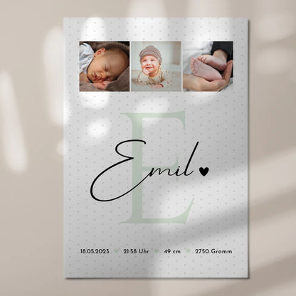 Fotoboard Poster Magnetisch zur Geburt Baby mit 8 Fotos Geburtsdaten Sternchen Muster