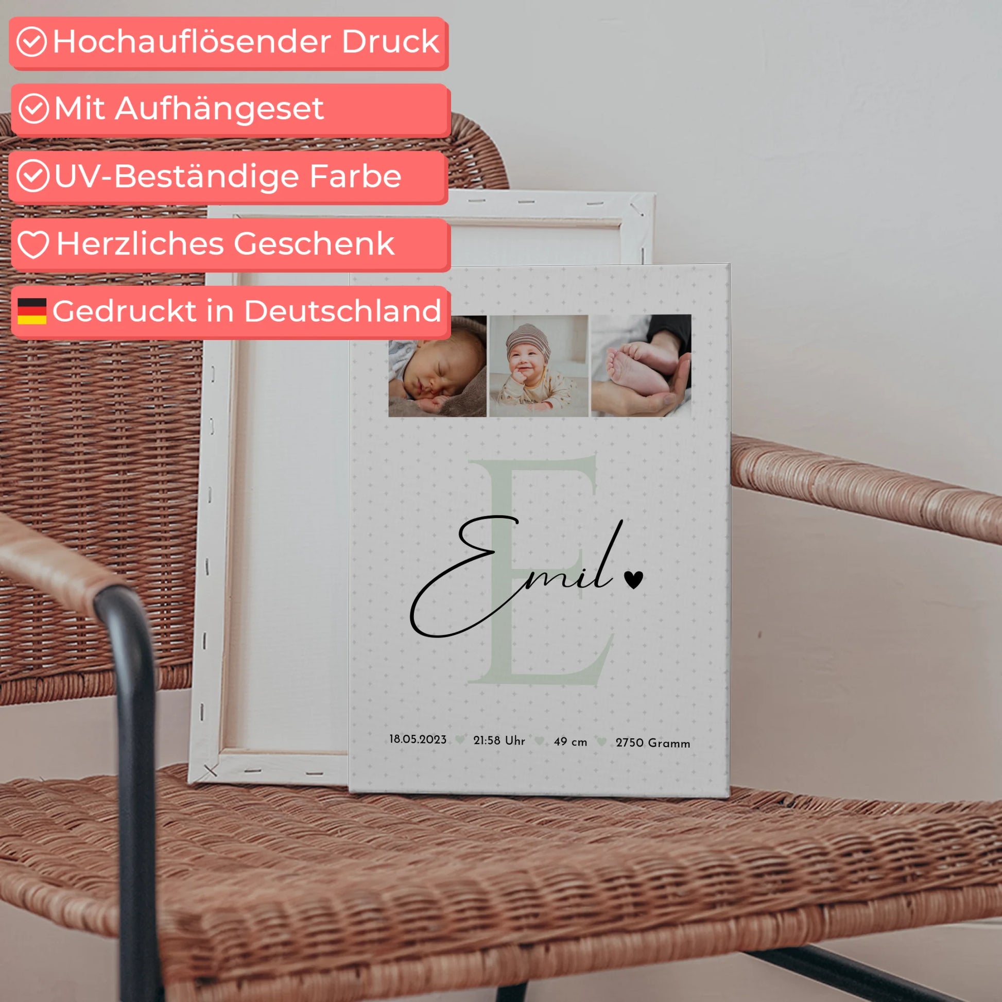 Leinwand Collagen Erstellen zur Geburt Baby mit 8 Fotos Geburtsdaten Sternchen Muster 5