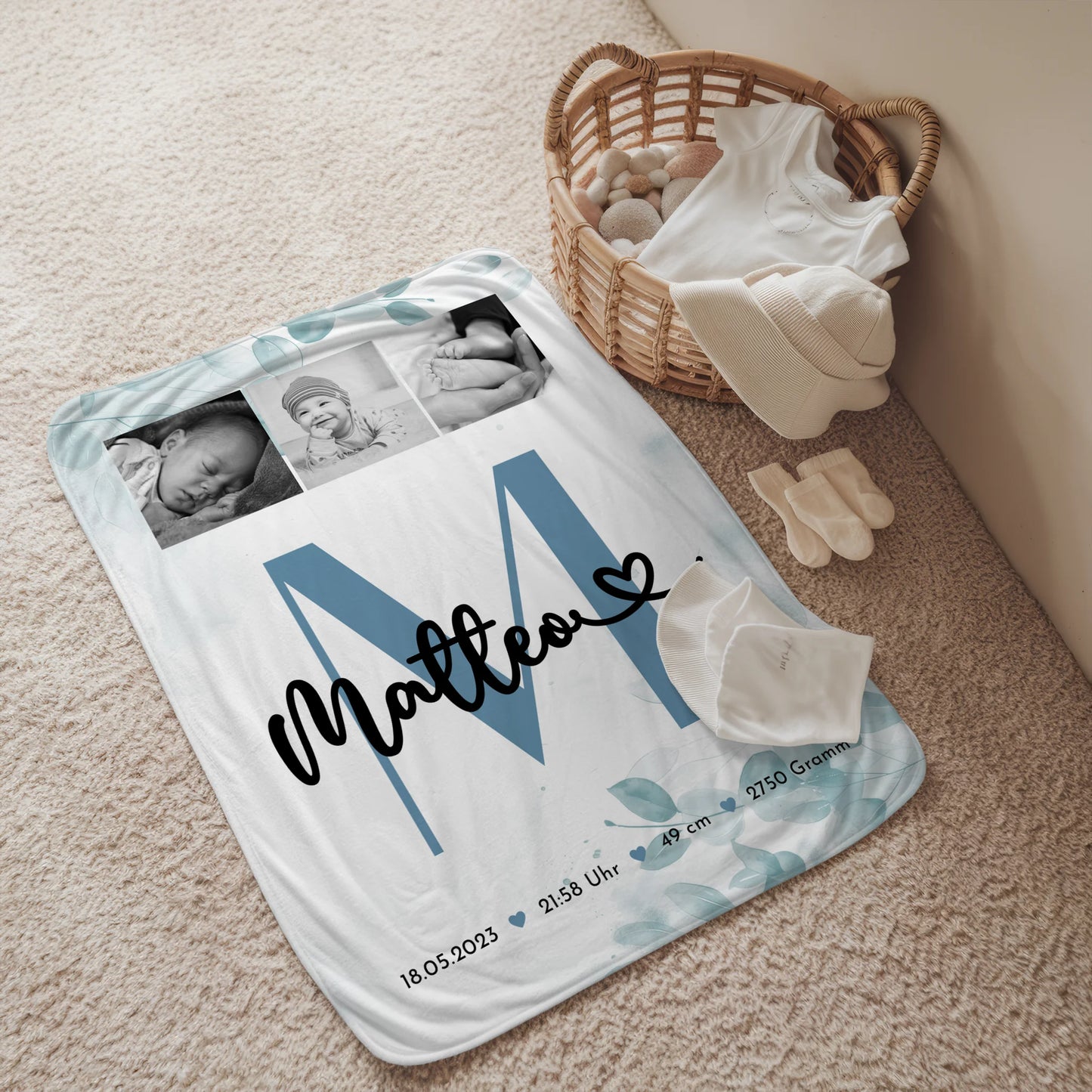 Krabbeldecke Mit Namen Und Geburtsdatum Baby Fotocollage Black White 2