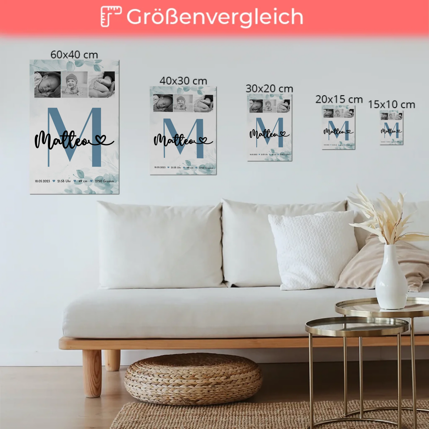 Fotoboard Poster Magnetisch Baby Geburt Fotocollage Geburtsdaten Black White 6
