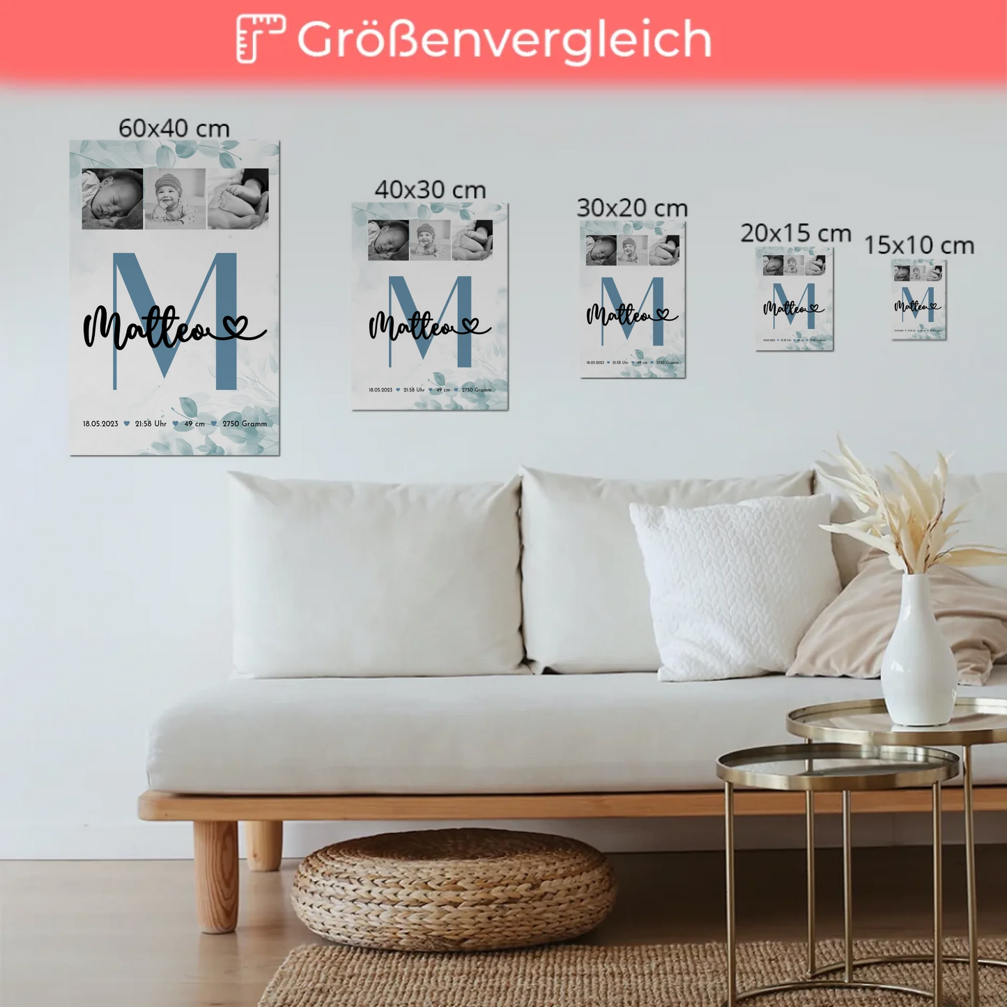 Fotoboard Poster Magnetisch Baby Geburt Fotocollage Geburtsdaten Black White