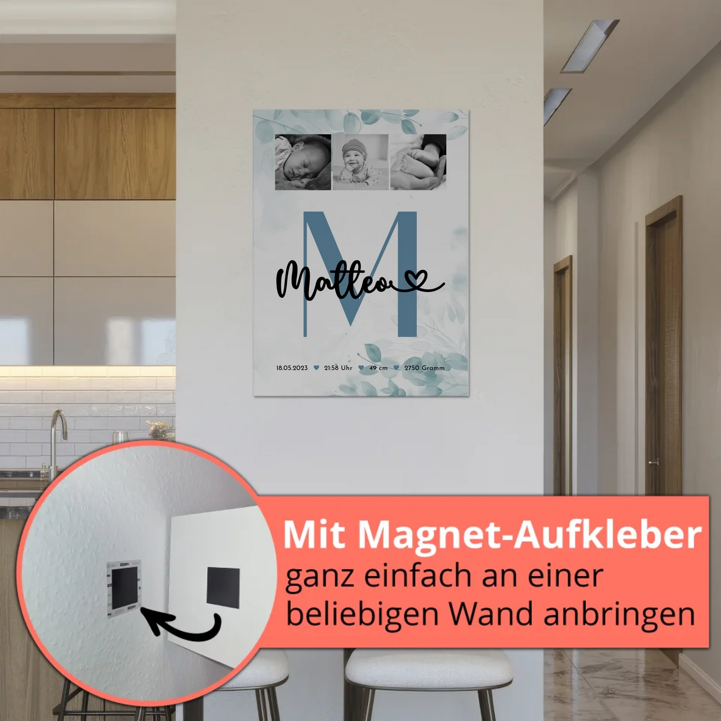 Fotoboard Poster Magnetisch Baby Geburt Fotocollage Geburtsdaten Black White