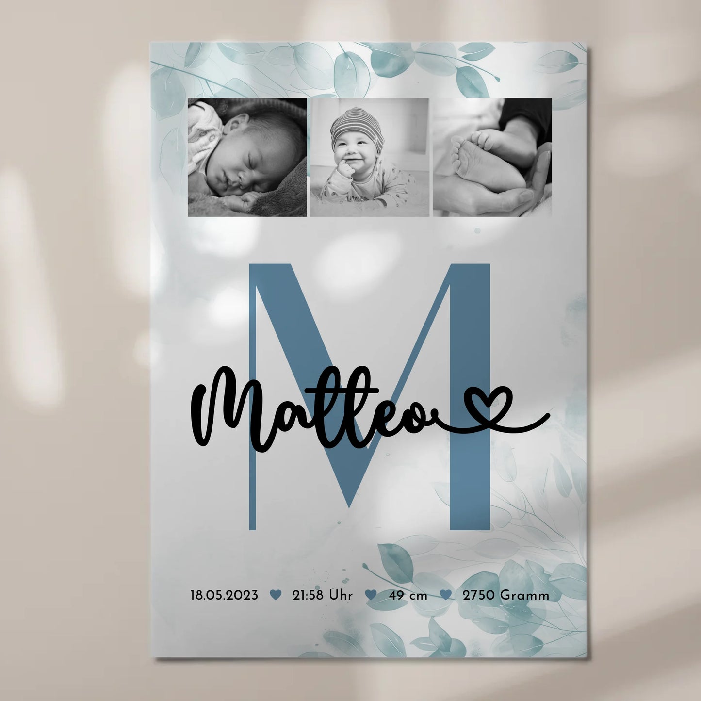 Fotoboard Poster Magnetisch Baby Geburt Fotocollage Geburtsdaten Black White