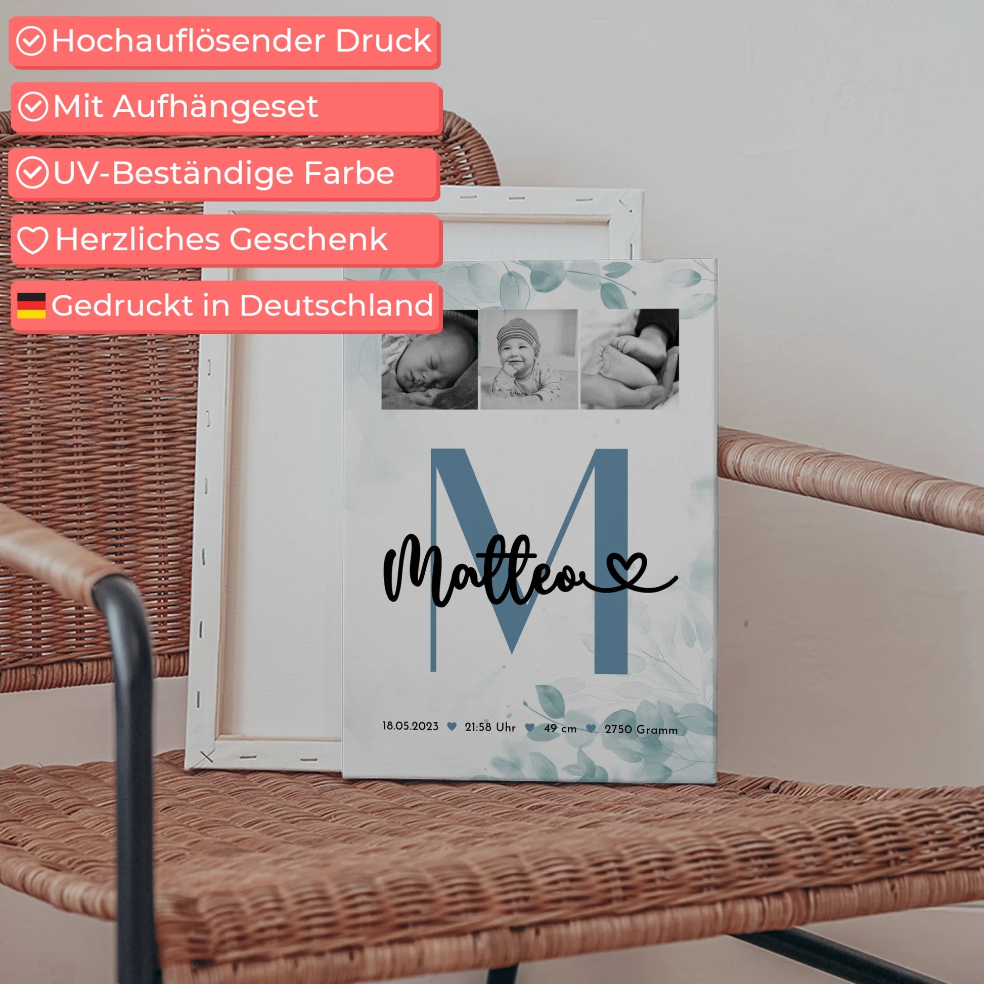 Wandbild Fotocollage Geburt Baby mit Geburtsdaten Black and White Design 5