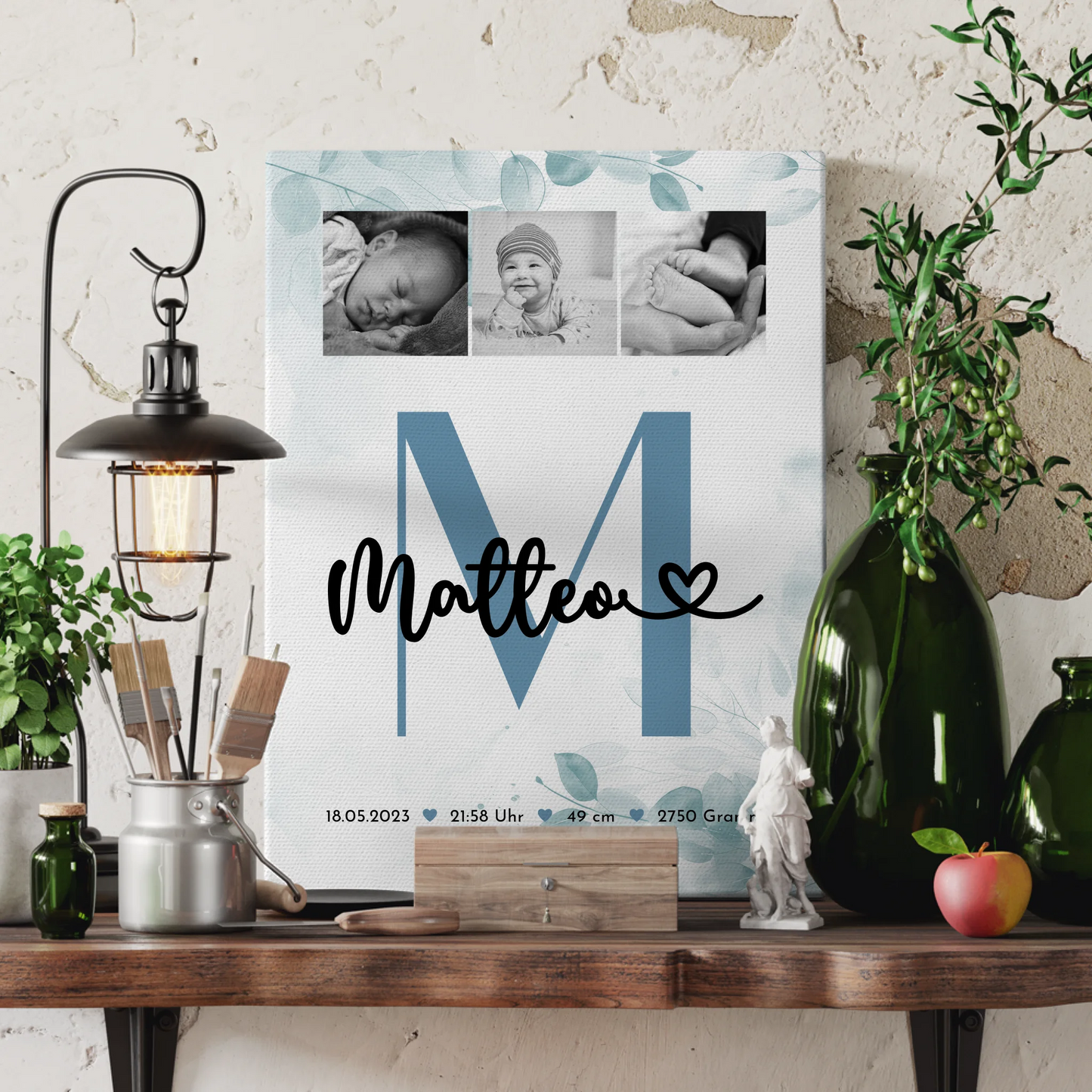 Wandbild Fotocollage Geburt Baby mit Geburtsdaten Black and White Design 3