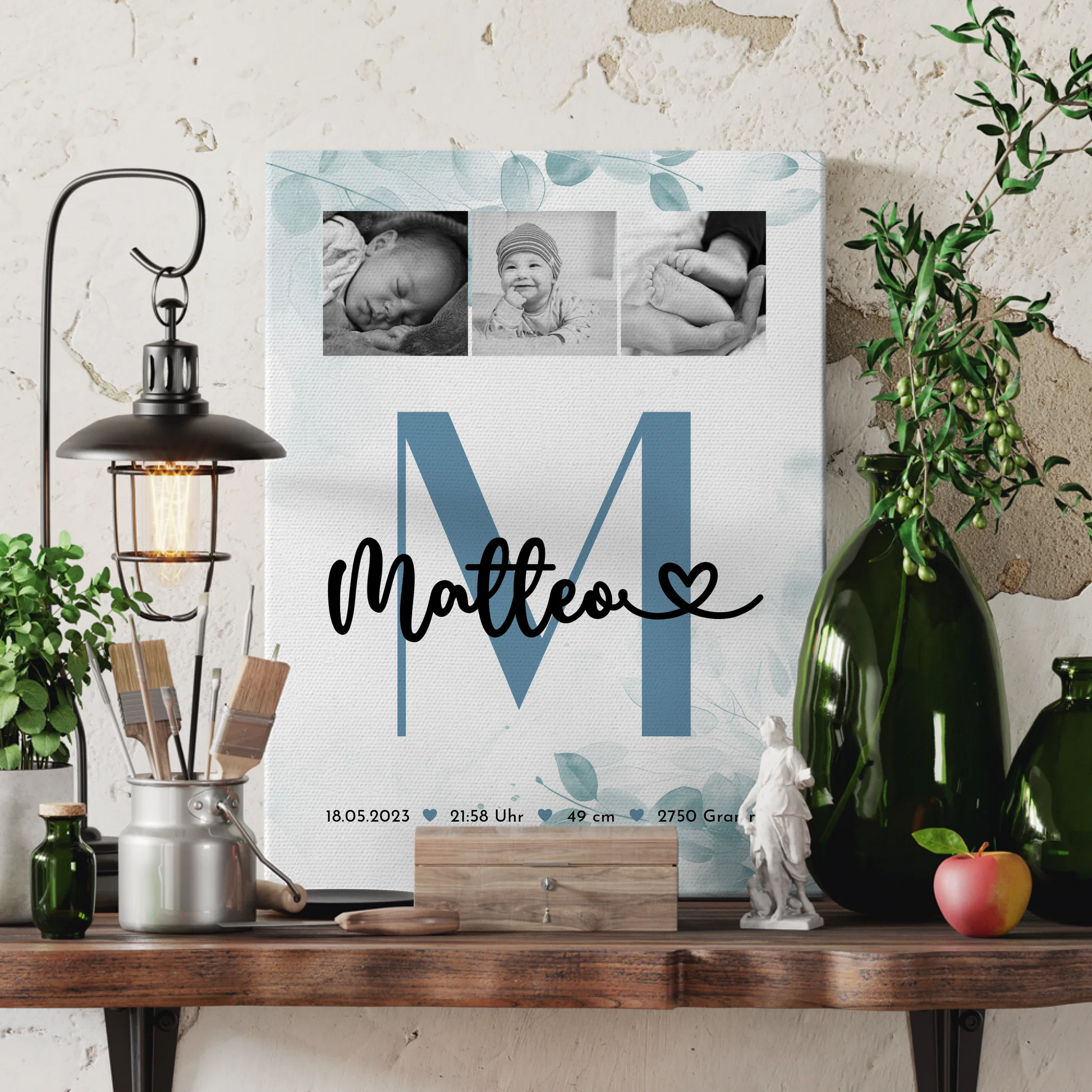 Wandbild Fotocollage Geburt Baby mit Geburtsdaten Black and White Design 3