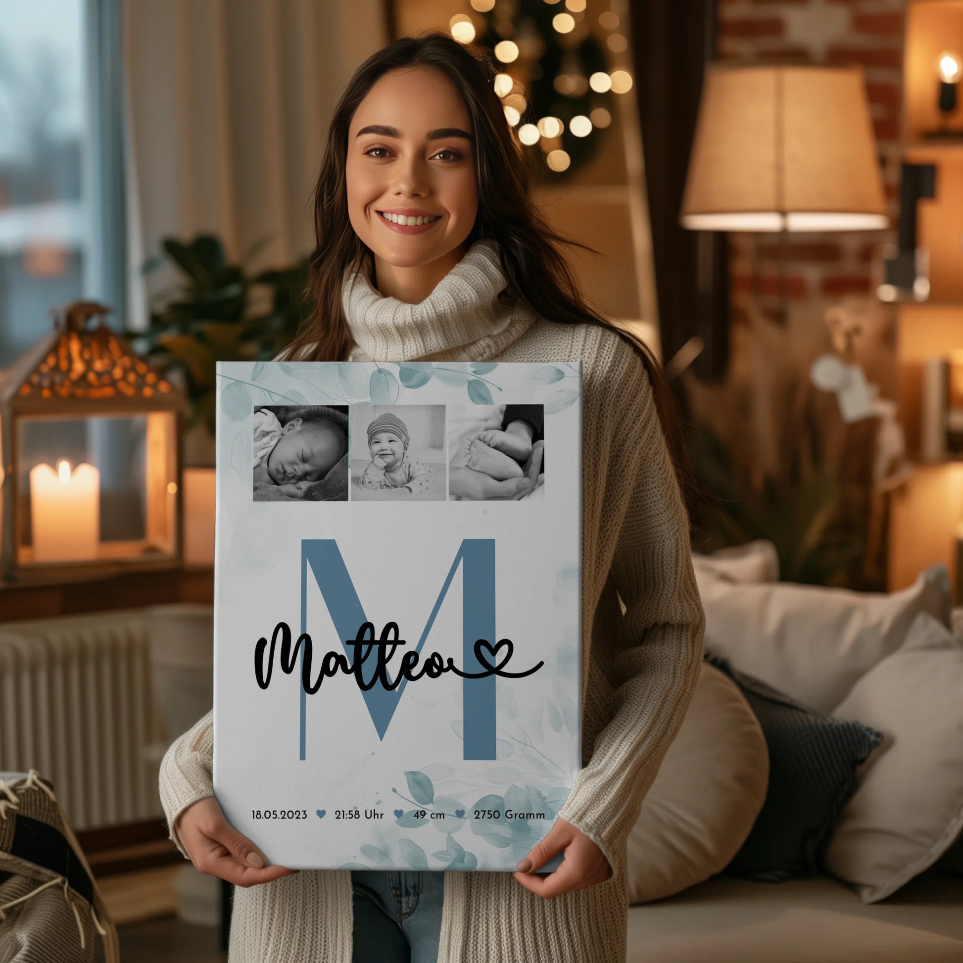 Wandbild Fotocollage Geburt Baby mit Geburtsdaten Black and White Design 2