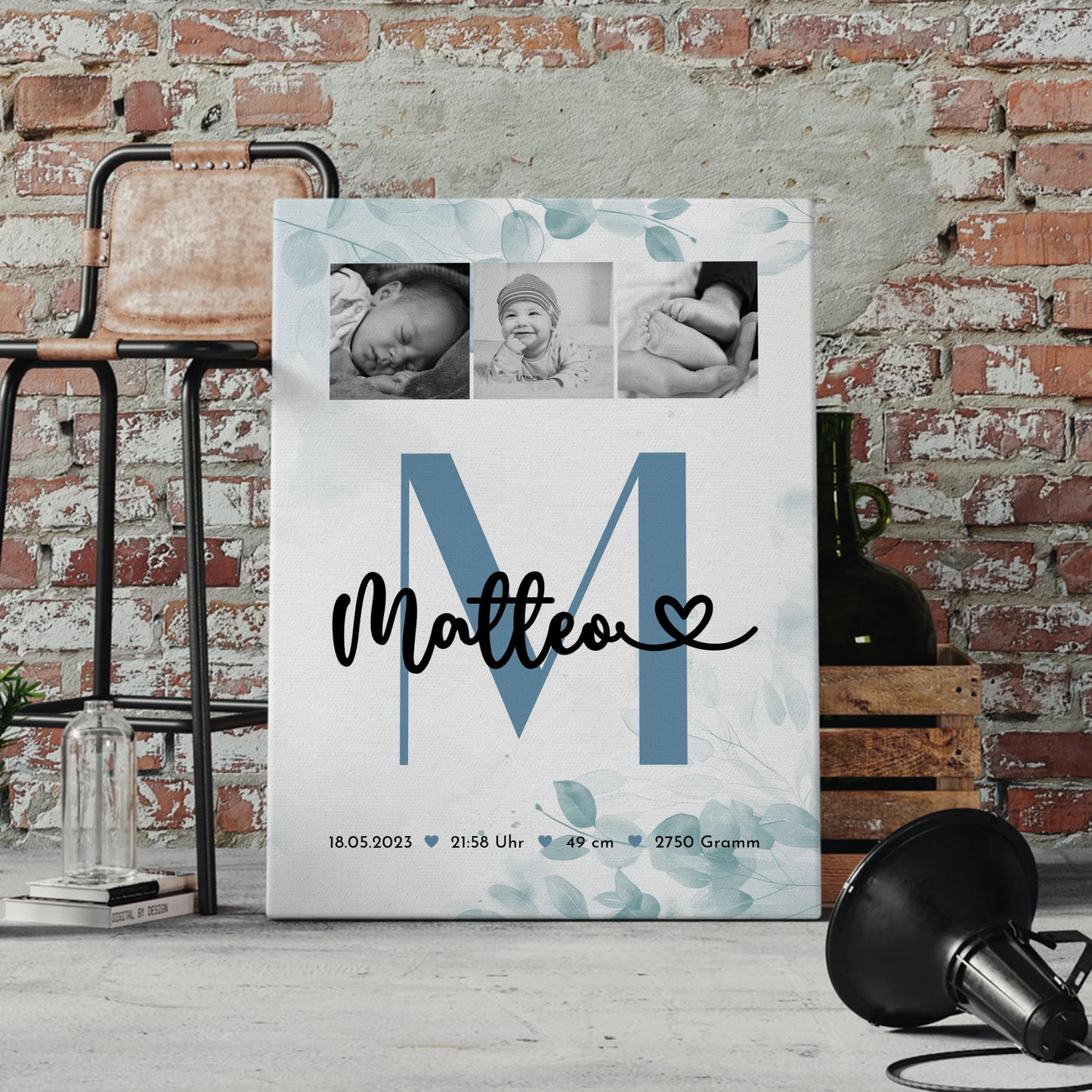 Wandbild Fotocollage Geburt Baby mit Geburtsdaten Black and White Design 4