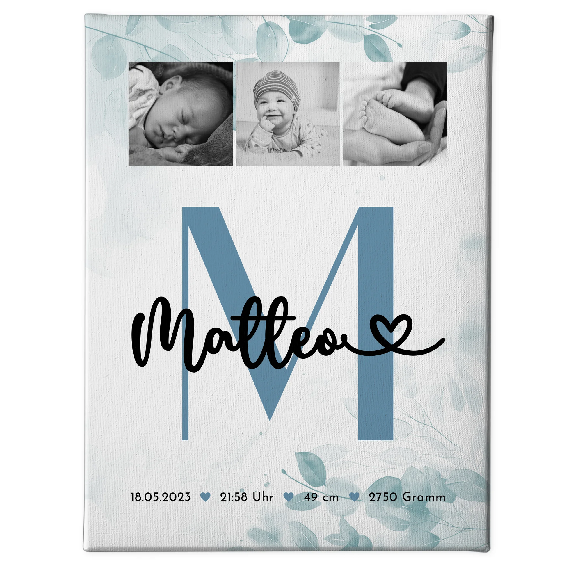 Wandbild Fotocollage Geburt Baby mit Geburtsdaten Black and White Design 1