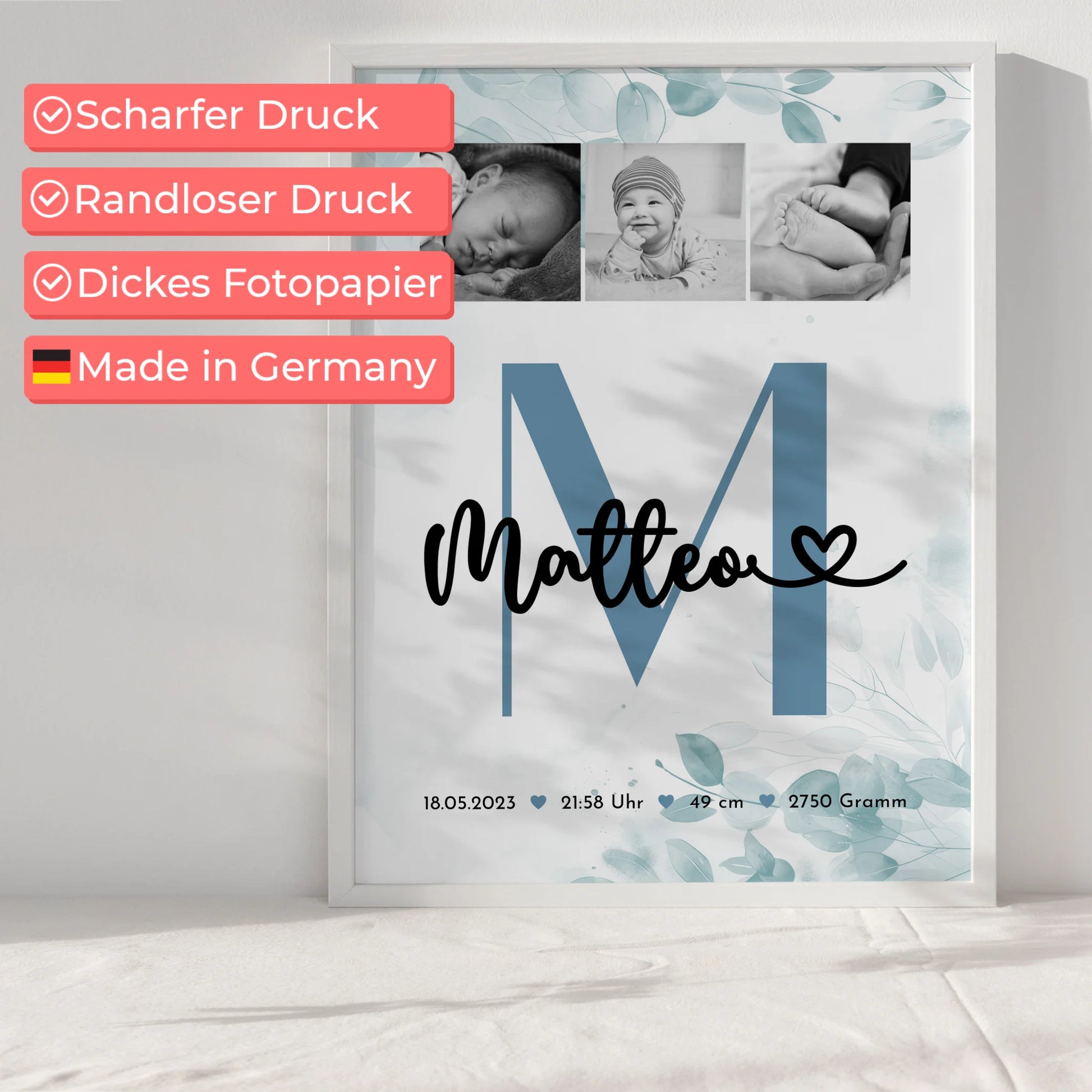 Poster Mit Geburtsdaten Baby Fotocollage Geburt Black and White Design 6