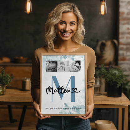 Poster Mit Geburtsdaten Baby Fotocollage Geburt Black and White Design 2