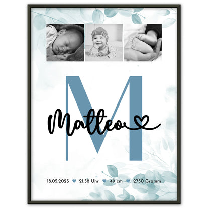 Poster Mit Geburtsdaten Baby Fotocollage Geburt Black and White Design 1