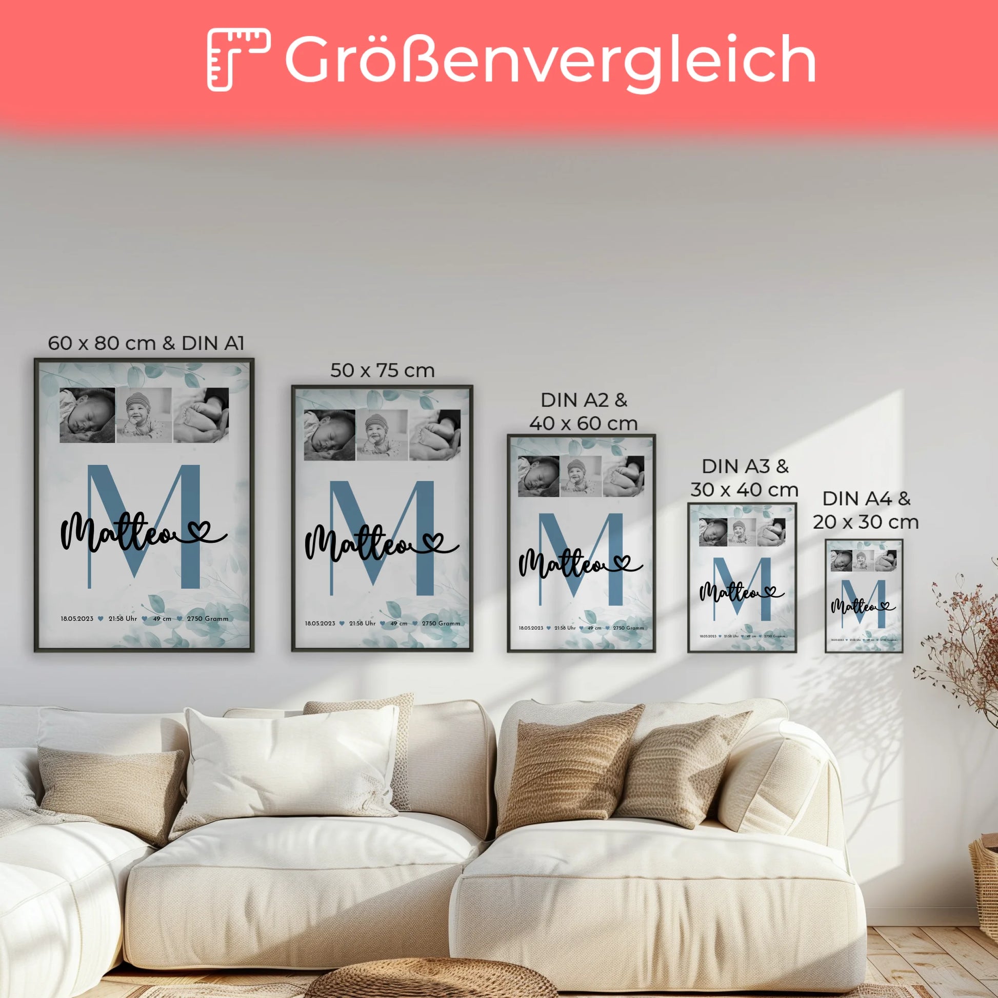 Poster Mit Geburtsdaten Baby Fotocollage Geburt Black and White Design 7