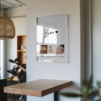 Foto Acrylglas zur Geburt Baby Fotocollage mit Geburtsdaten Initial und Sternchen Muster 6