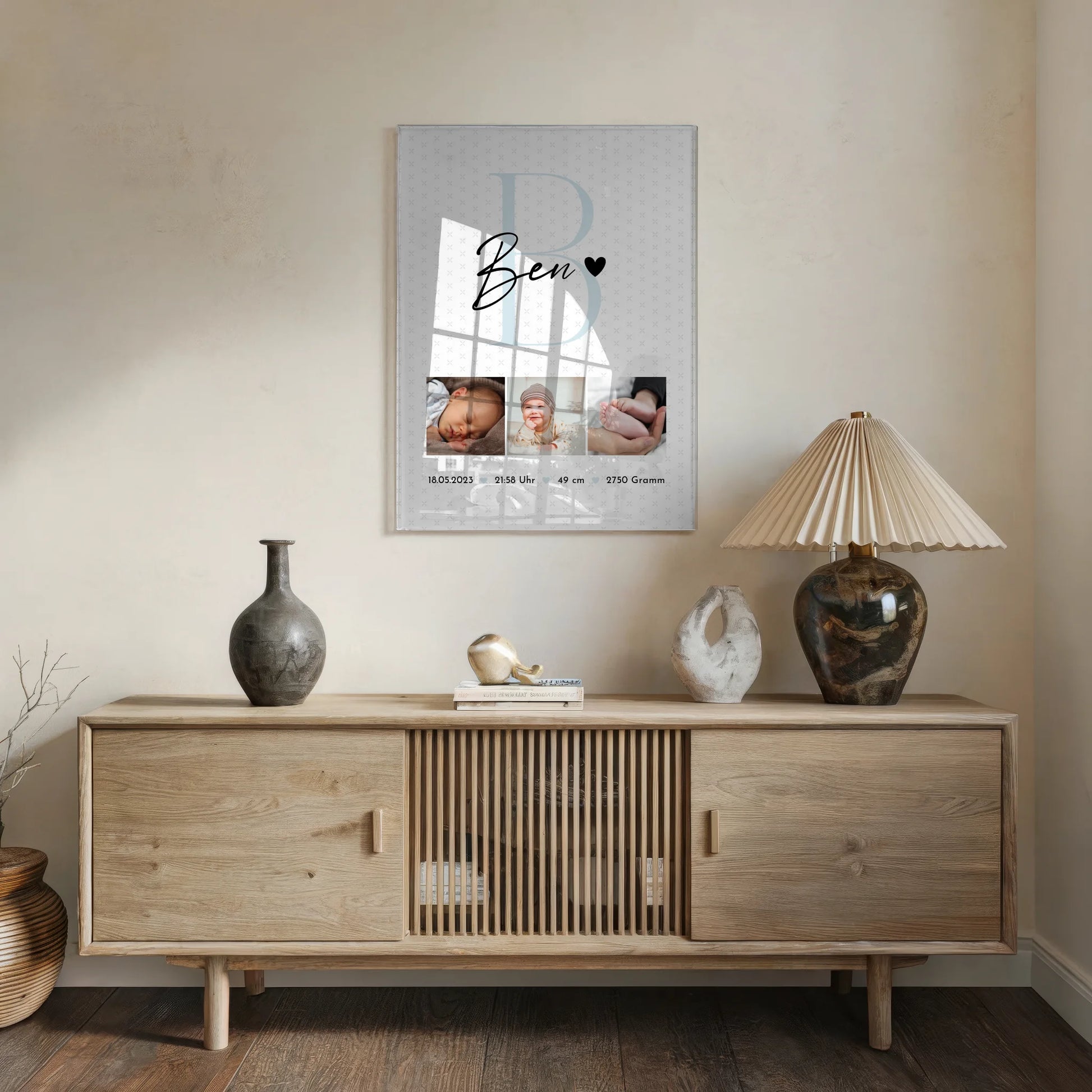 Foto Acrylglas zur Geburt Baby Fotocollage mit Geburtsdaten Initial und Sternchen Muster 5