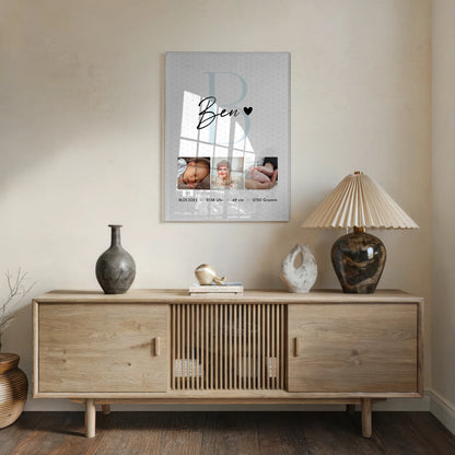 Foto Acrylglas zur Geburt Baby Fotocollage mit Geburtsdaten Initial und Sternchen Muster 5