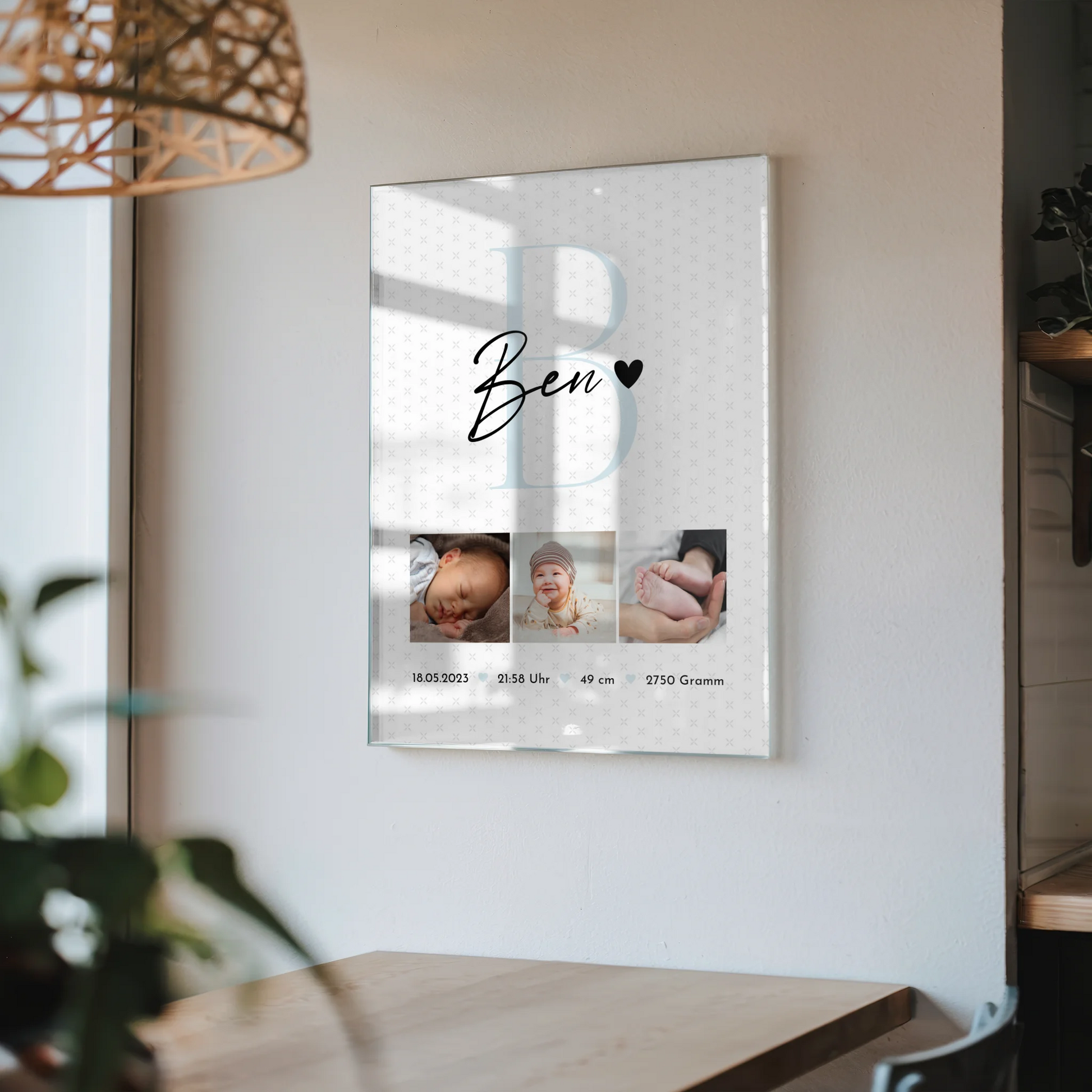 Foto Acrylglas zur Geburt Baby Fotocollage mit Geburtsdaten Initial und Sternchen Muster 4