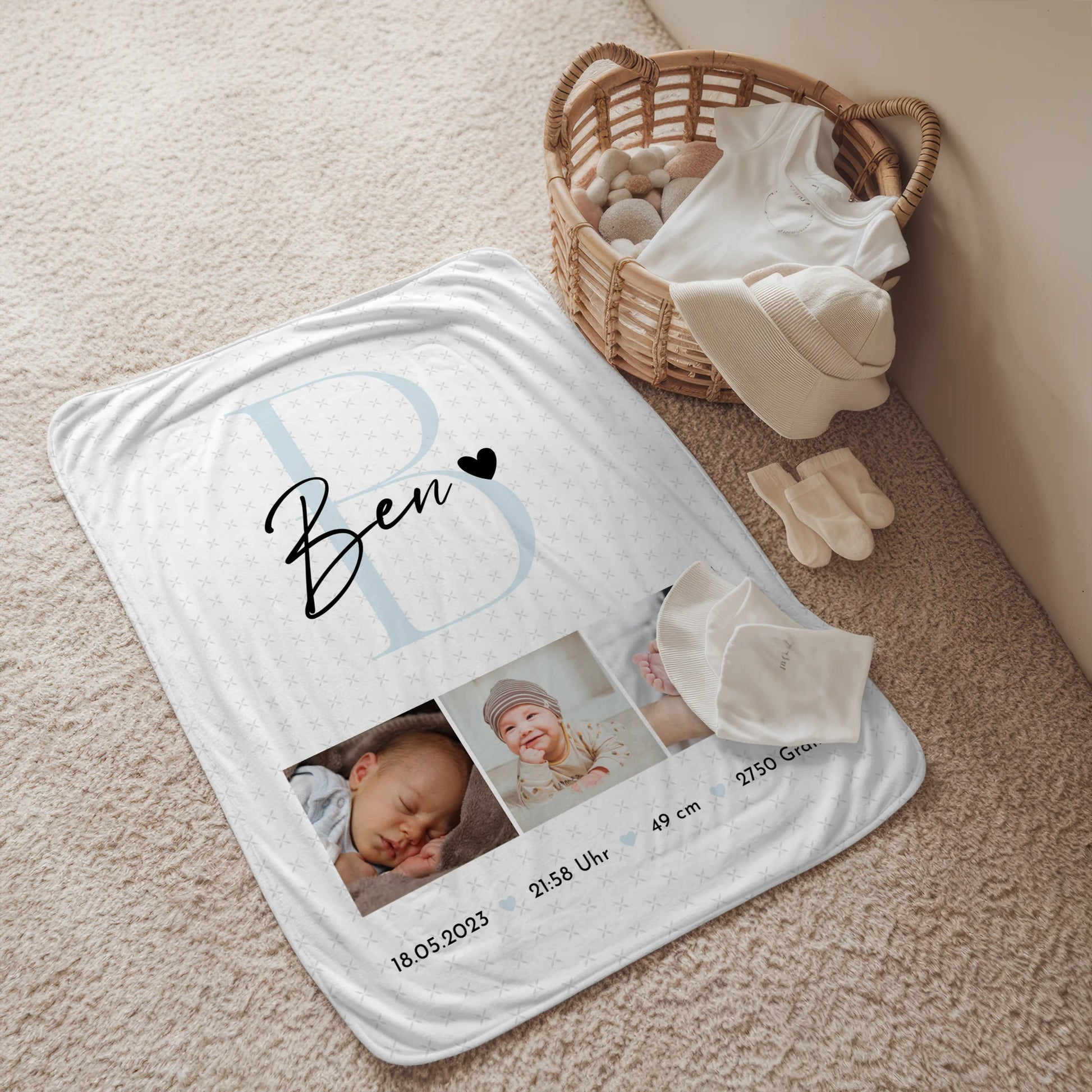Personalisierte Babydecke mit Namen Geburt Baby Fotocollage Geburtsdaten Initial Sternchen Muster 2