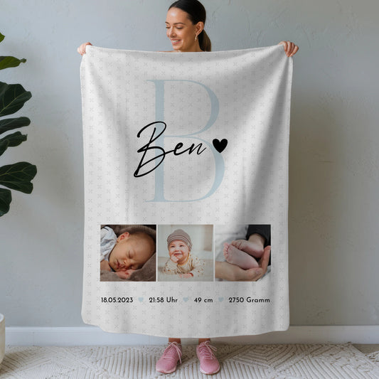 Personalisierte Babydecke mit Namen Geburt Baby Fotocollage Geburtsdaten Initial Sternchen Muster 1