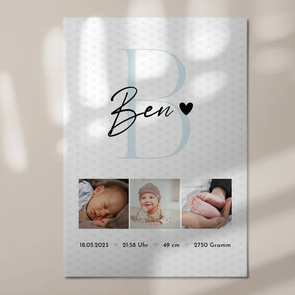 Magnetposter Fotoboard zur Geburt Baby Fotocollage mit Geburtsdaten Initial Sternchen Muster 7