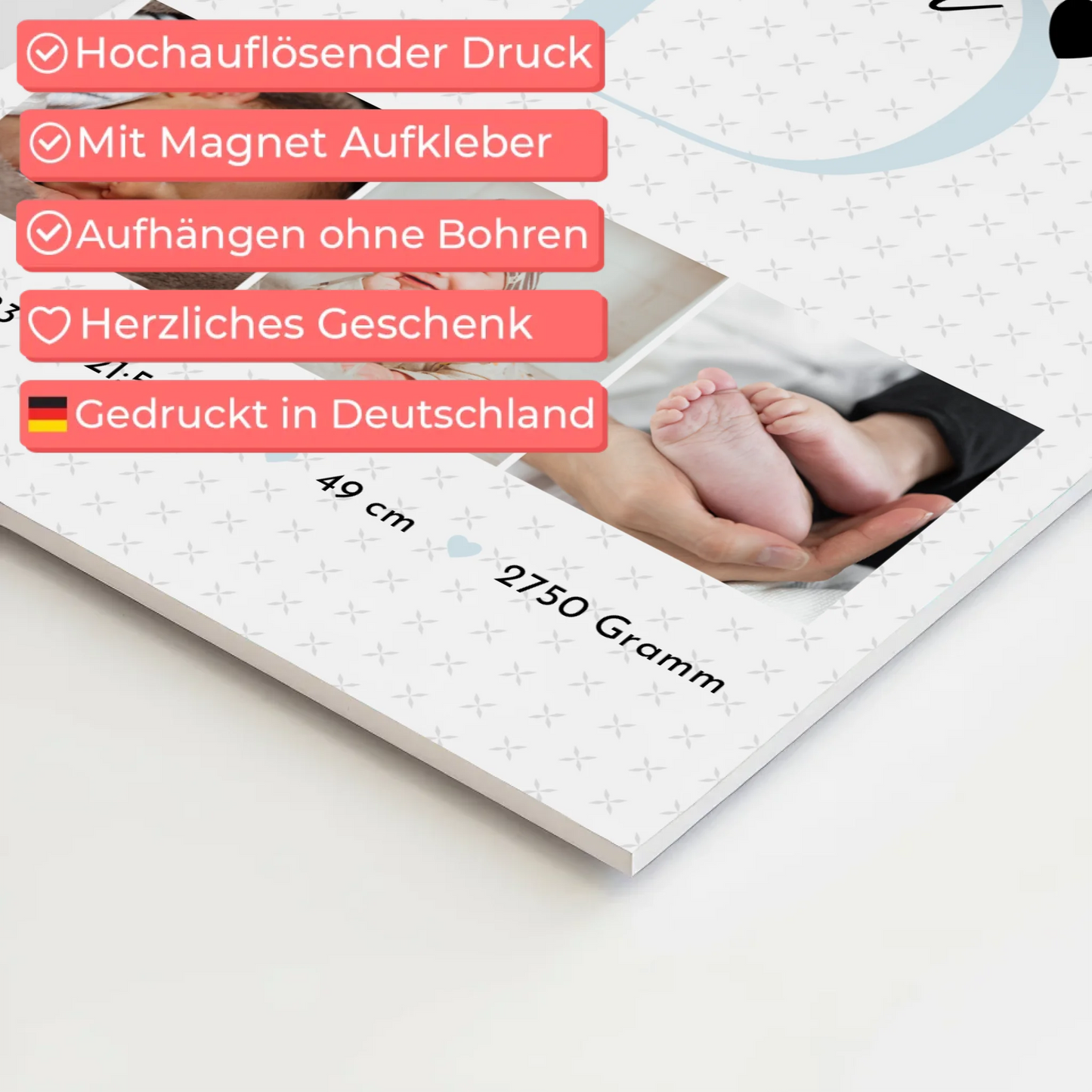 Magnetposter Fotoboard zur Geburt Baby Fotocollage mit Geburtsdaten Initial Sternchen Muster