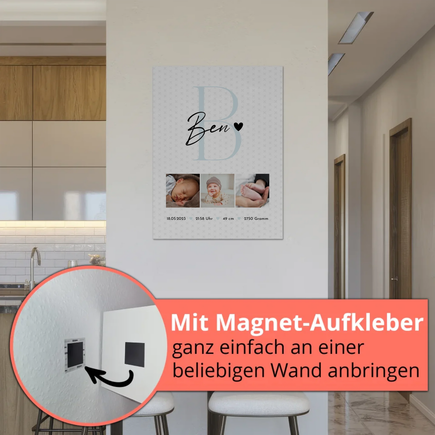 Magnetposter Fotoboard zur Geburt Baby Fotocollage mit Geburtsdaten Initial Sternchen Muster