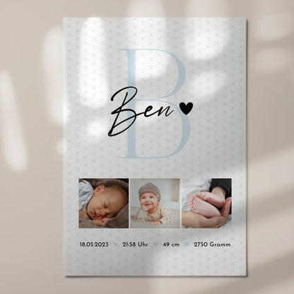 Magnetposter Fotoboard zur Geburt Baby Fotocollage mit Geburtsdaten Initial Sternchen Muster