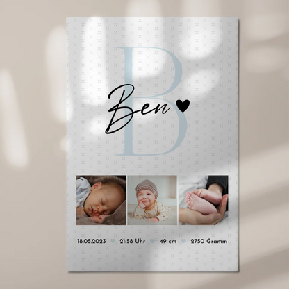 Magnetposter Fotoboard zur Geburt Baby Fotocollage mit Geburtsdaten Initial Sternchen Muster