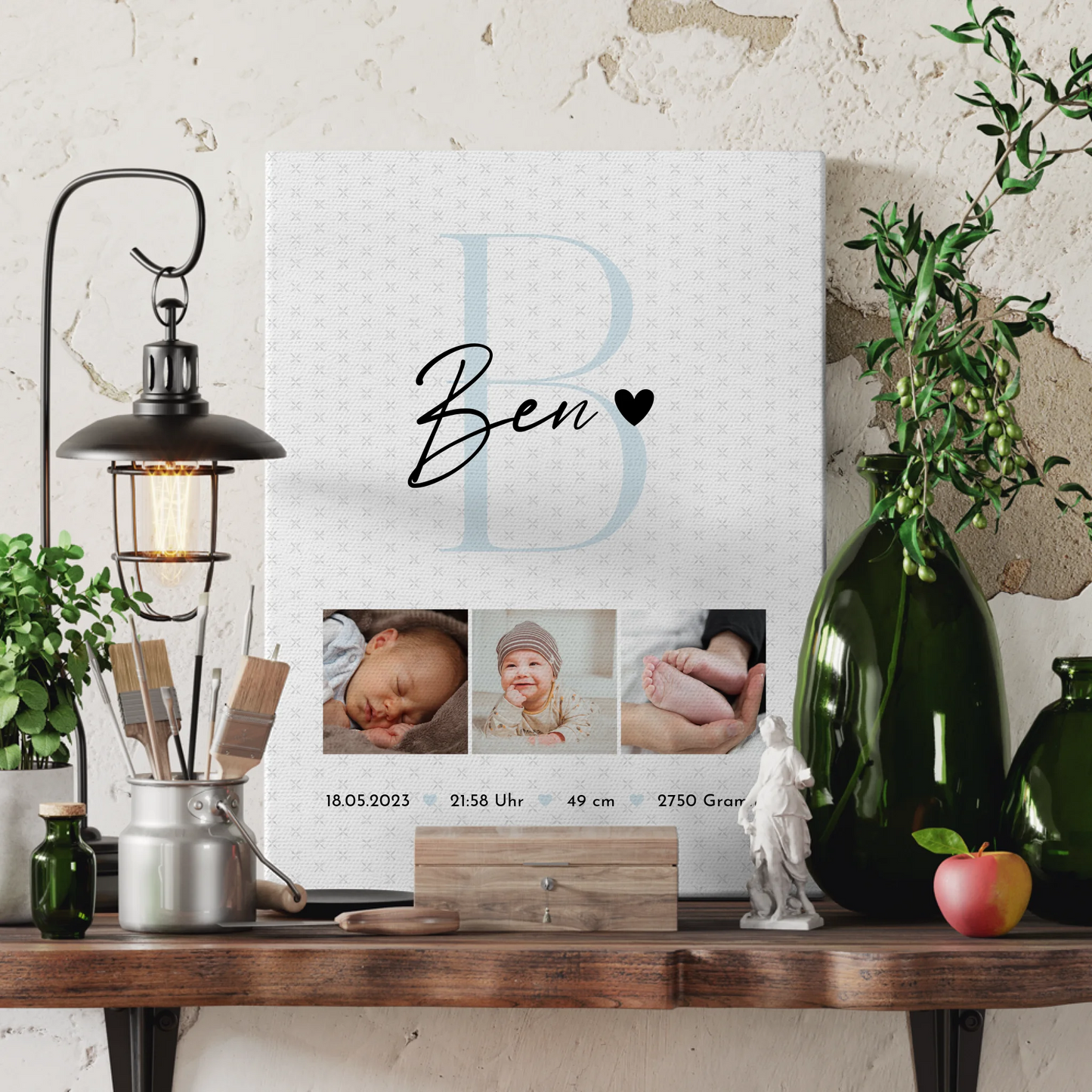 Leinwand Collagen Erstellen zur Geburt Baby Fotocollage mit Geburtsdaten Initial Sternchen Muster 3