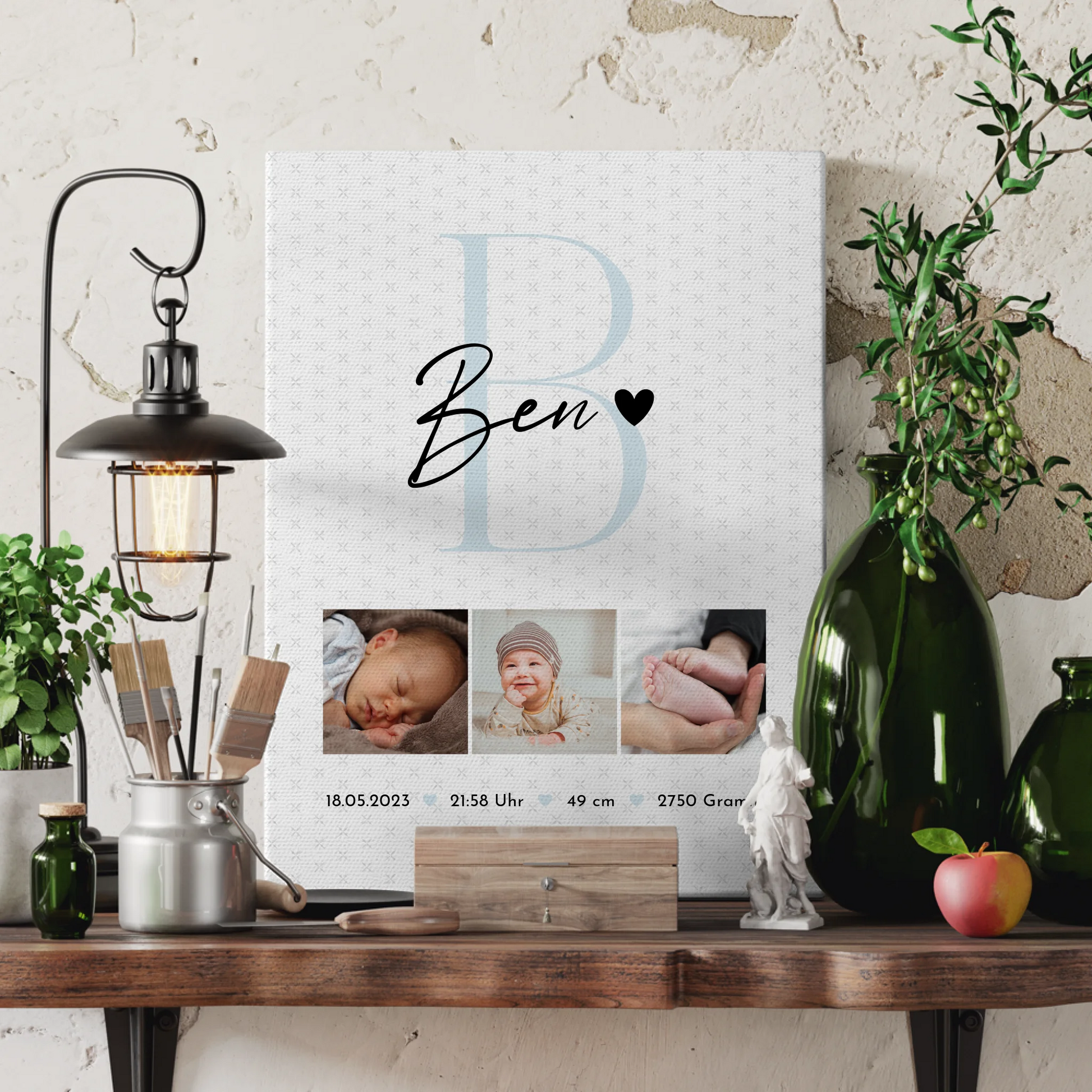 Leinwand Collagen Erstellen zur Geburt Baby Fotocollage mit Geburtsdaten Initial Sternchen Muster 3