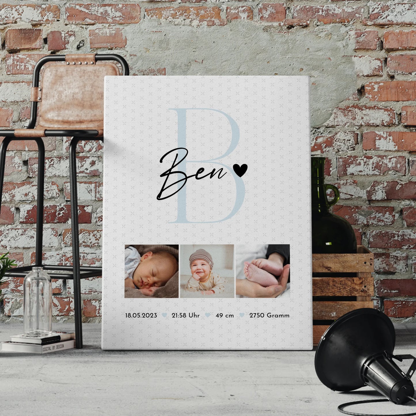 Leinwand Collagen Erstellen zur Geburt Baby Fotocollage mit Geburtsdaten Initial Sternchen Muster 4