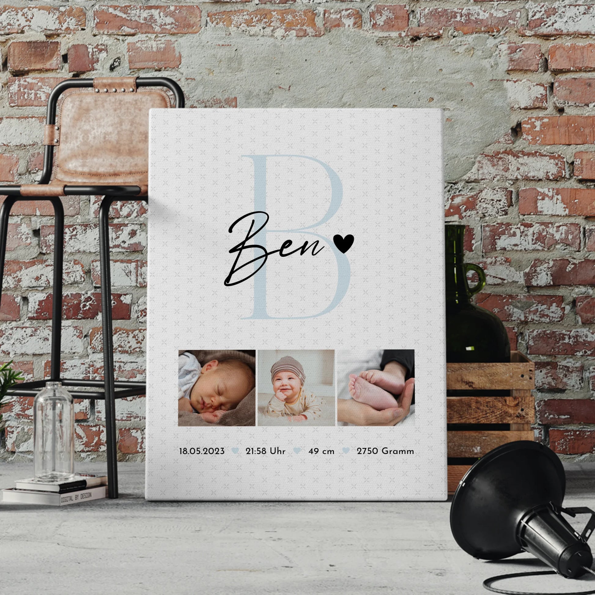Leinwand Collagen Erstellen zur Geburt Baby Fotocollage mit Geburtsdaten Initial Sternchen Muster 4