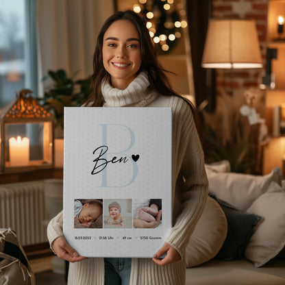 Leinwand Collagen Erstellen zur Geburt Baby Fotocollage mit Geburtsdaten Initial Sternchen Muster 2