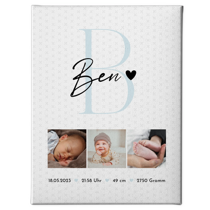 Leinwand Collagen Erstellen zur Geburt Baby Fotocollage mit Geburtsdaten Initial Sternchen Muster 1