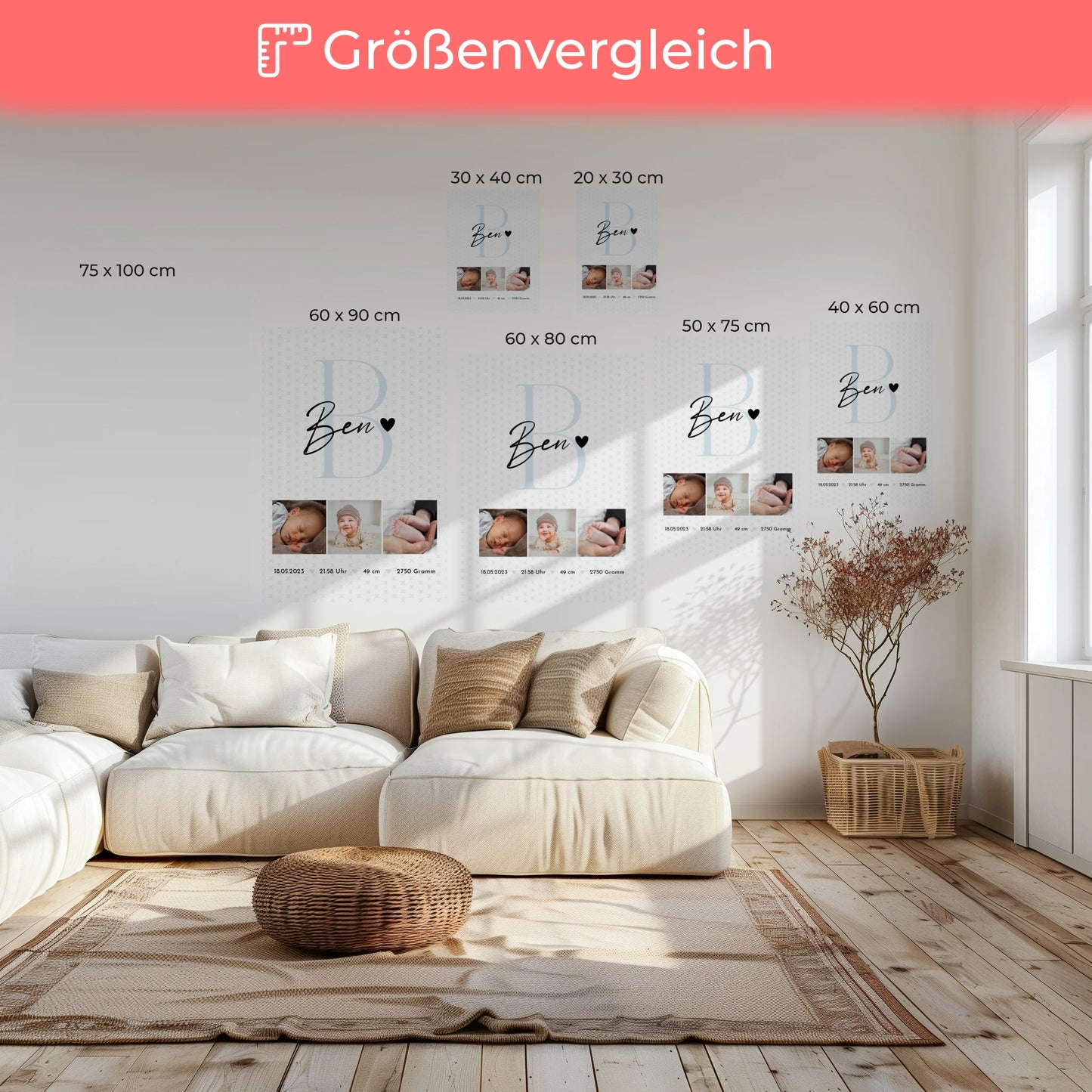 Leinwand Collagen Erstellen zur Geburt Baby Fotocollage mit Geburtsdaten Initial Sternchen Muster 6