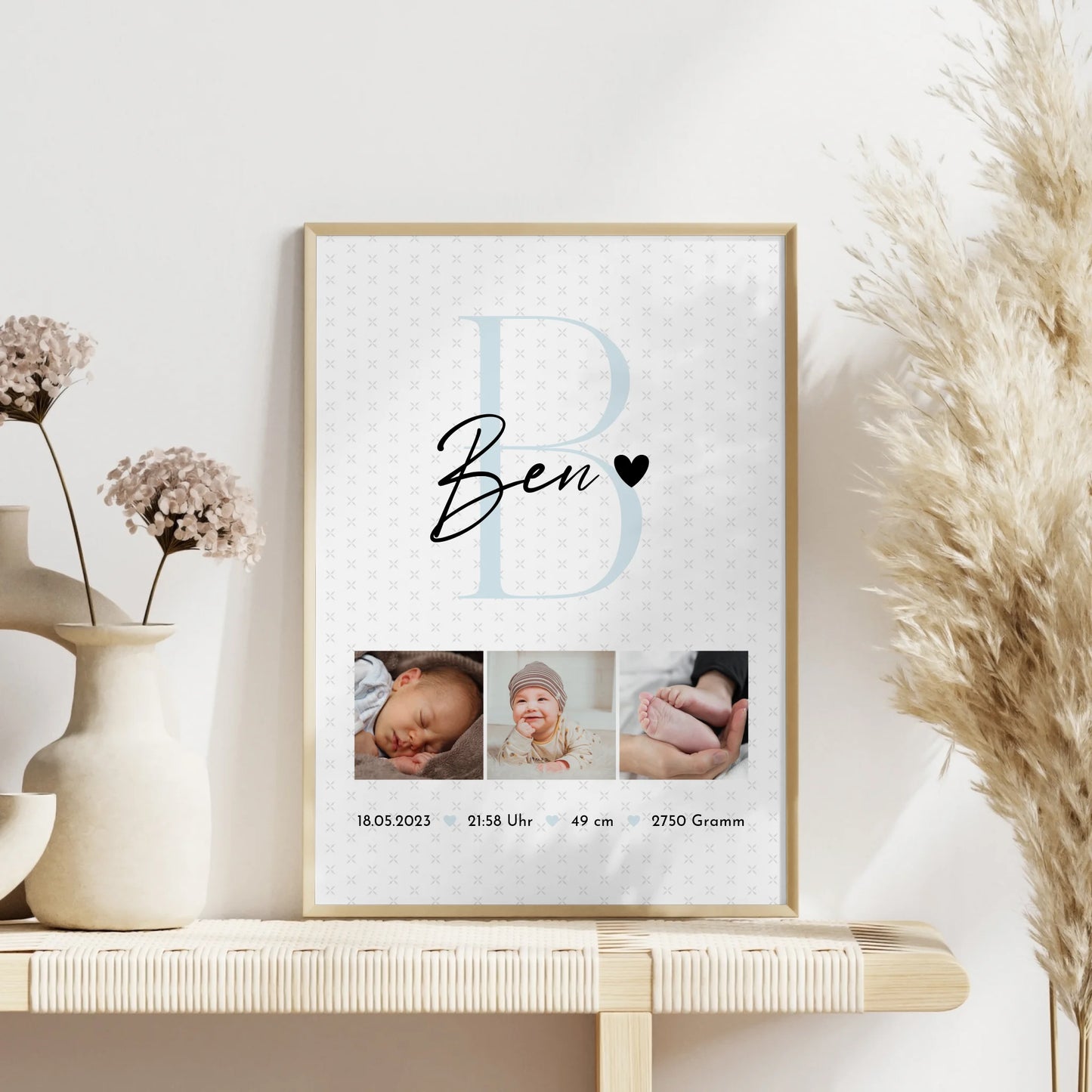 Poster Geburtsdaten zur Geburt Baby Fotocollage mit Initial und Sternchen Muster personalisiert 4