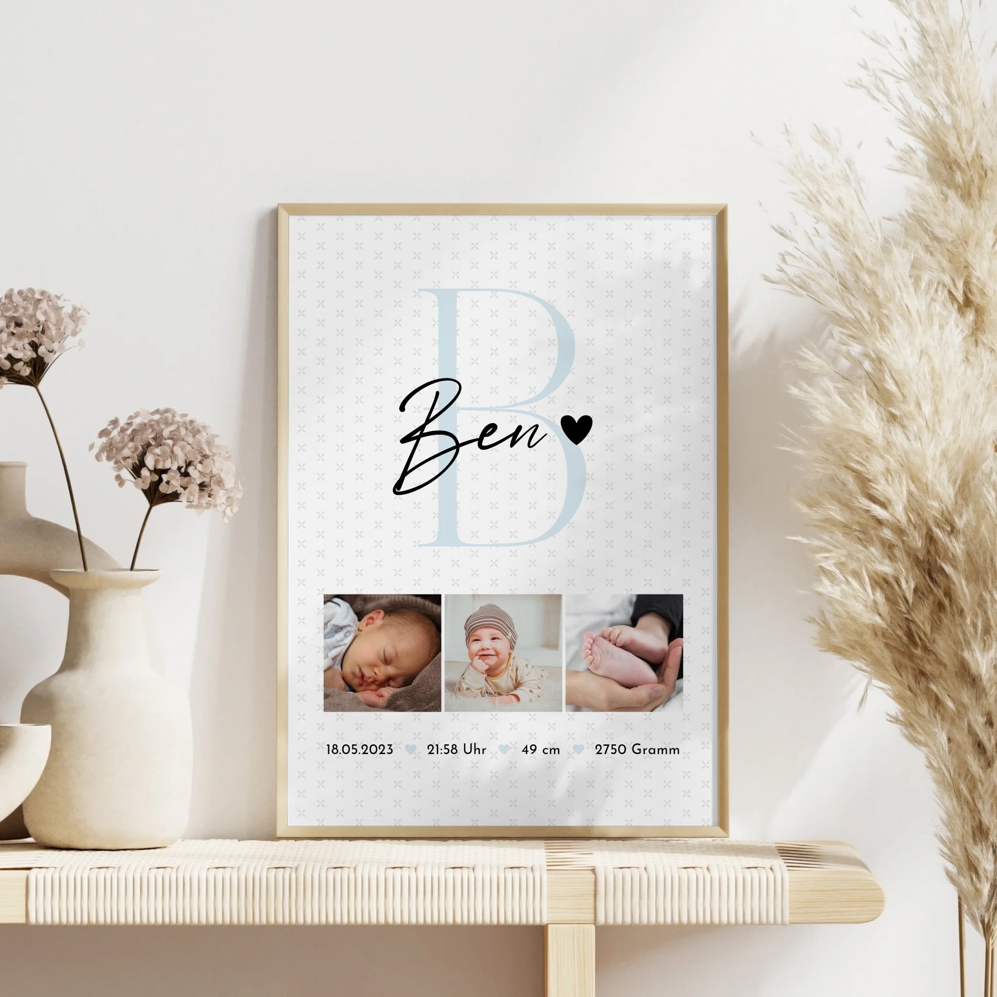 Poster Geburtsdaten zur Geburt Baby Fotocollage mit Initial und Sternchen Muster personalisiert 4