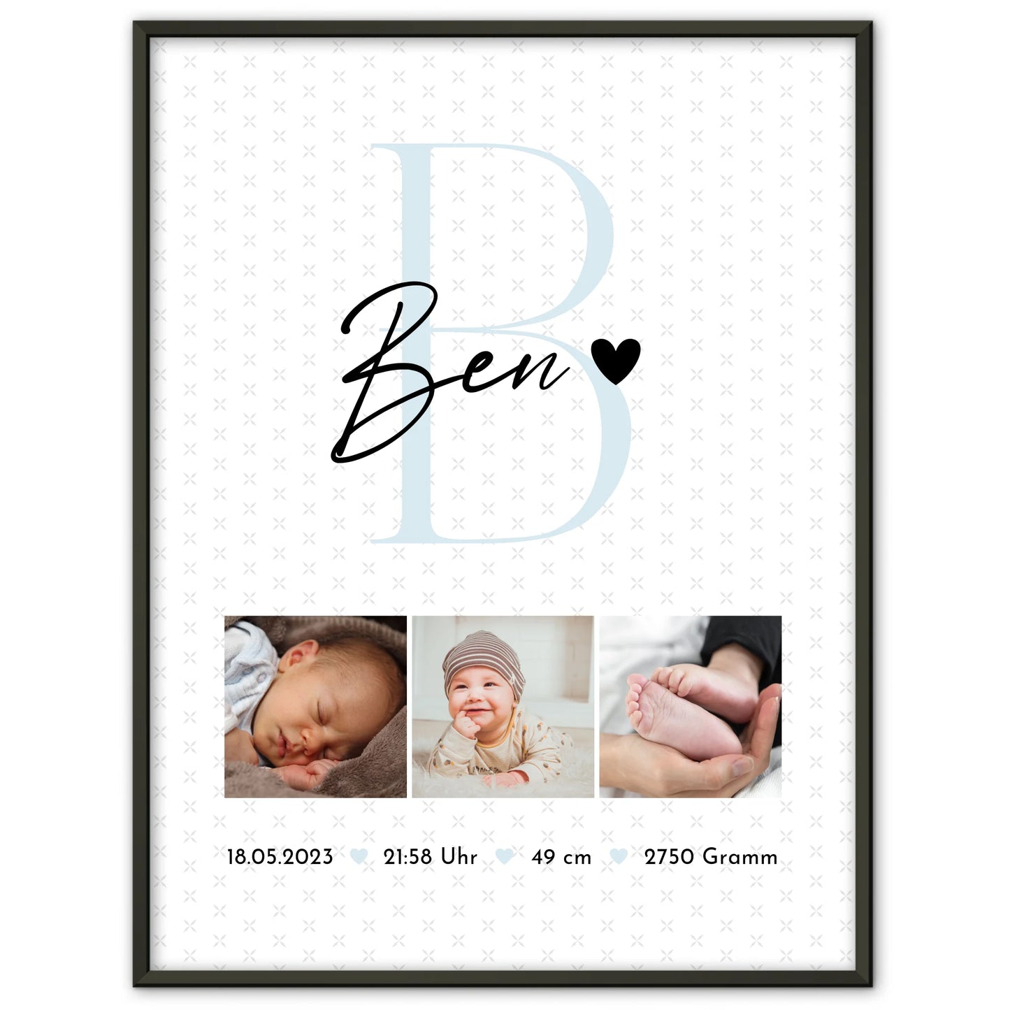 Poster Geburtsdaten zur Geburt Baby Fotocollage mit Initial und Sternchen Muster personalisiert 1