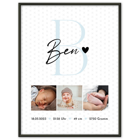 Poster Geburtsdaten zur Geburt Baby Fotocollage mit Initial und Sternchen Muster personalisiert 1