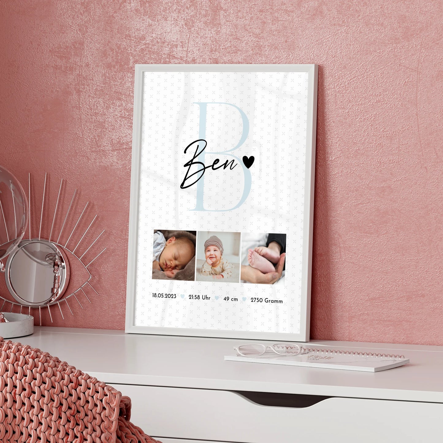 Poster Geburtsdaten zur Geburt Baby Fotocollage mit Initial und Sternchen Muster personalisiert 5
