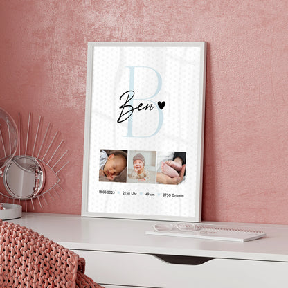 Poster Geburtsdaten zur Geburt Baby Fotocollage mit Initial und Sternchen Muster personalisiert 5