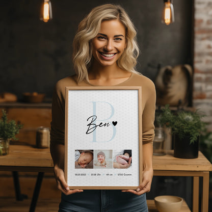 Poster Geburtsdaten zur Geburt Baby Fotocollage mit Initial und Sternchen Muster personalisiert 2