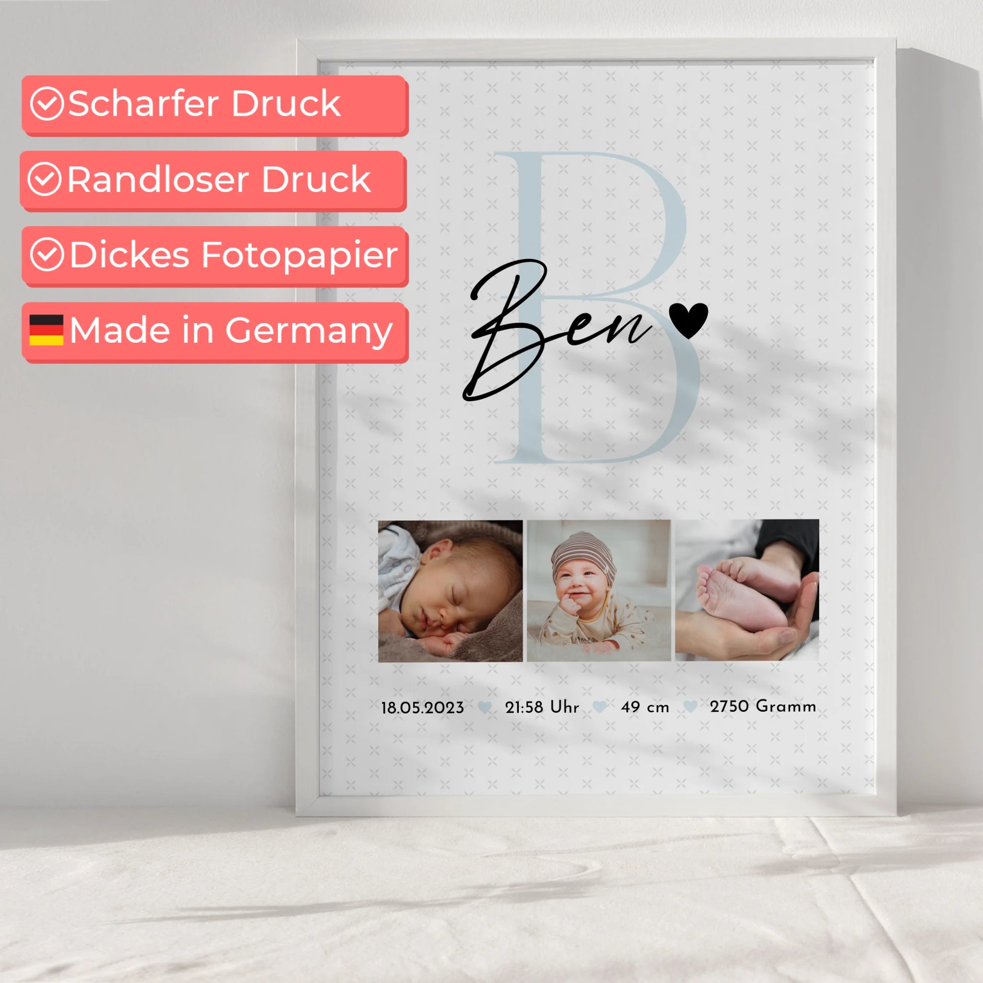 Poster Geburtsdaten zur Geburt Baby Fotocollage mit Initial und Sternchen Muster personalisiert 6