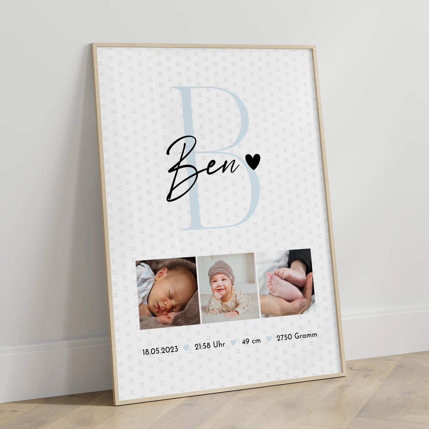Poster Geburtsdaten zur Geburt Baby Fotocollage mit Initial und Sternchen Muster personalisiert 3
